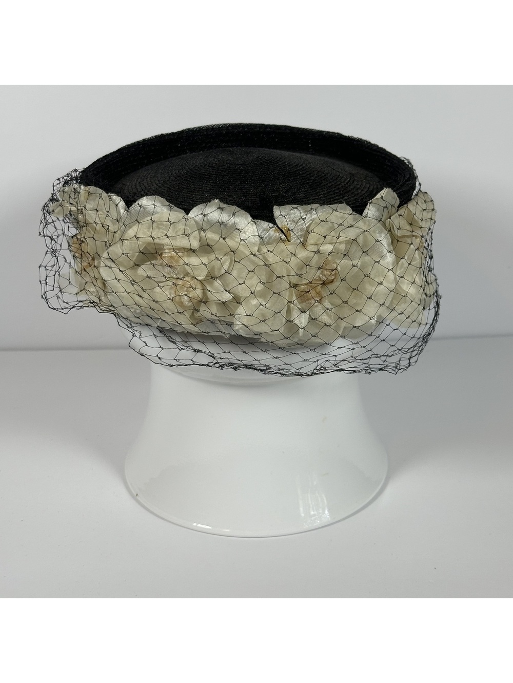 Vintage Union Made Black Pillbox Hat with Cream Floral Accents and Veil